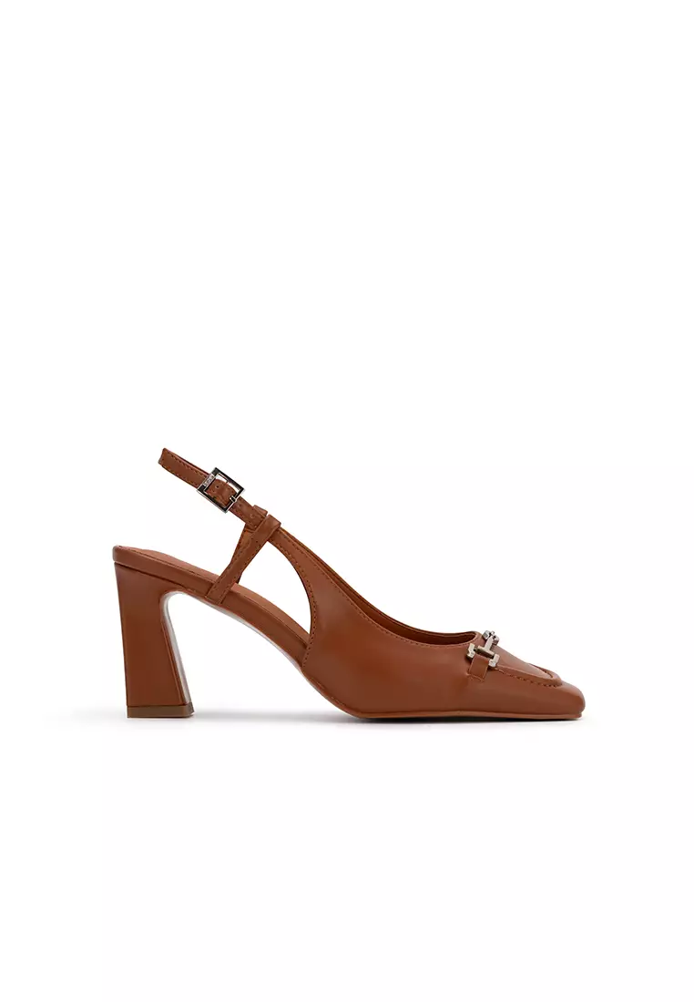 METAL BUCKLE SQUARE TOE SLINGBACK BLOCK HEEL