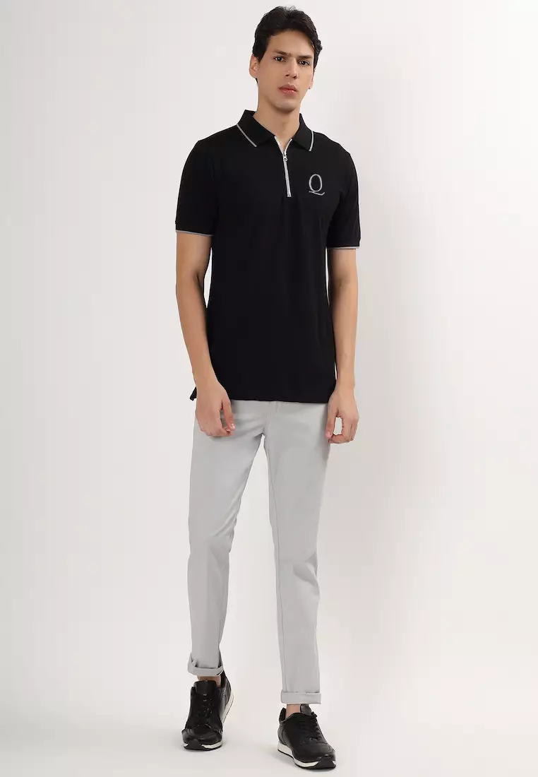 Mens Black and Grey Tipping Collar-Cuff Cotton Polo Shirt/T-Shirt With Zip,Short Sleeve, Relaxed Fit