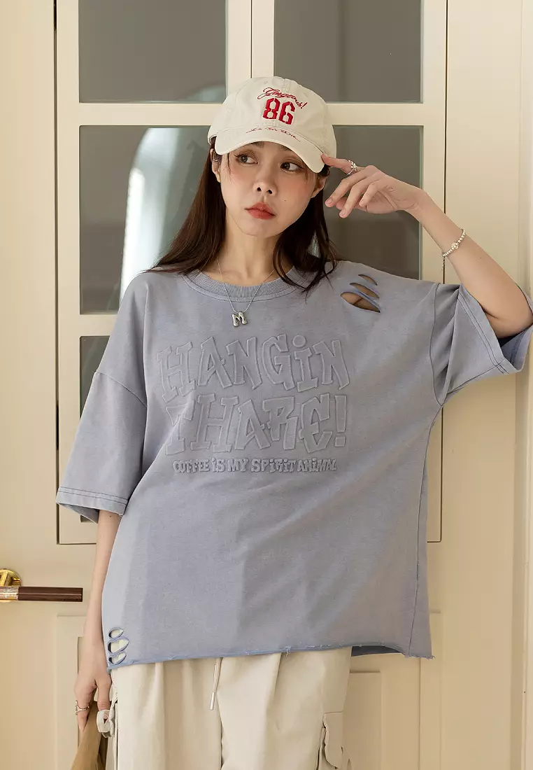 Washed Distressed Letter Embossed Short-Sleeved Top [AB21087]