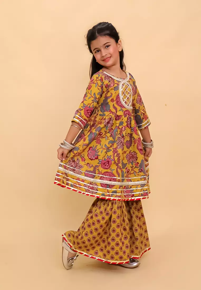 The Mom Store Peele Phool Block Print Girls Anarkali Sharara Set - Multi