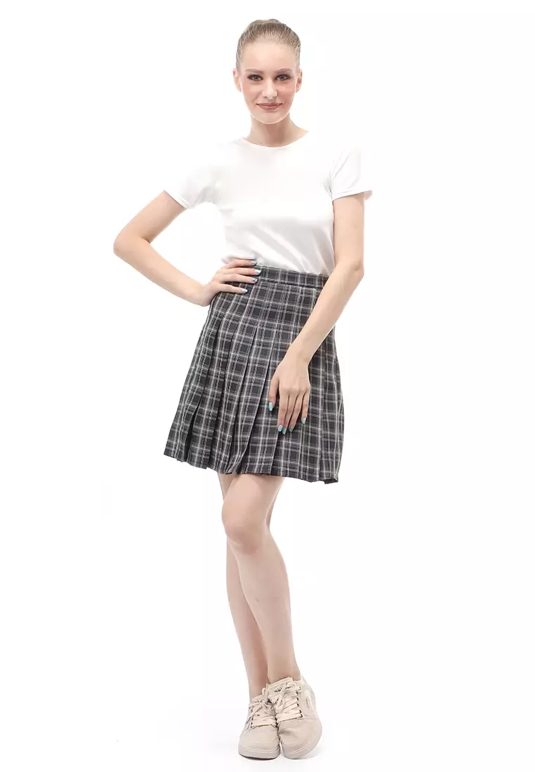 Rok Midi Wanita Motif Tartan Rubbery Waist Design Simple - Black
