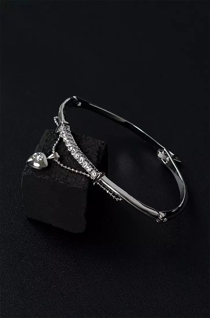 Elegant Bangle with Silver Austrian Element Crystal and Heart Charm