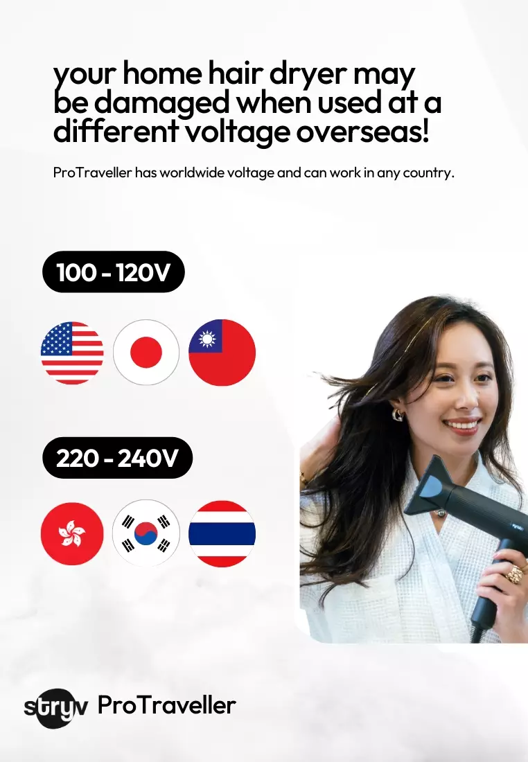 ProTraveller Hair Dryer - Black / Travel-Friendly / Lightweight / Fast Drying - Free 3 Travel Adaptors