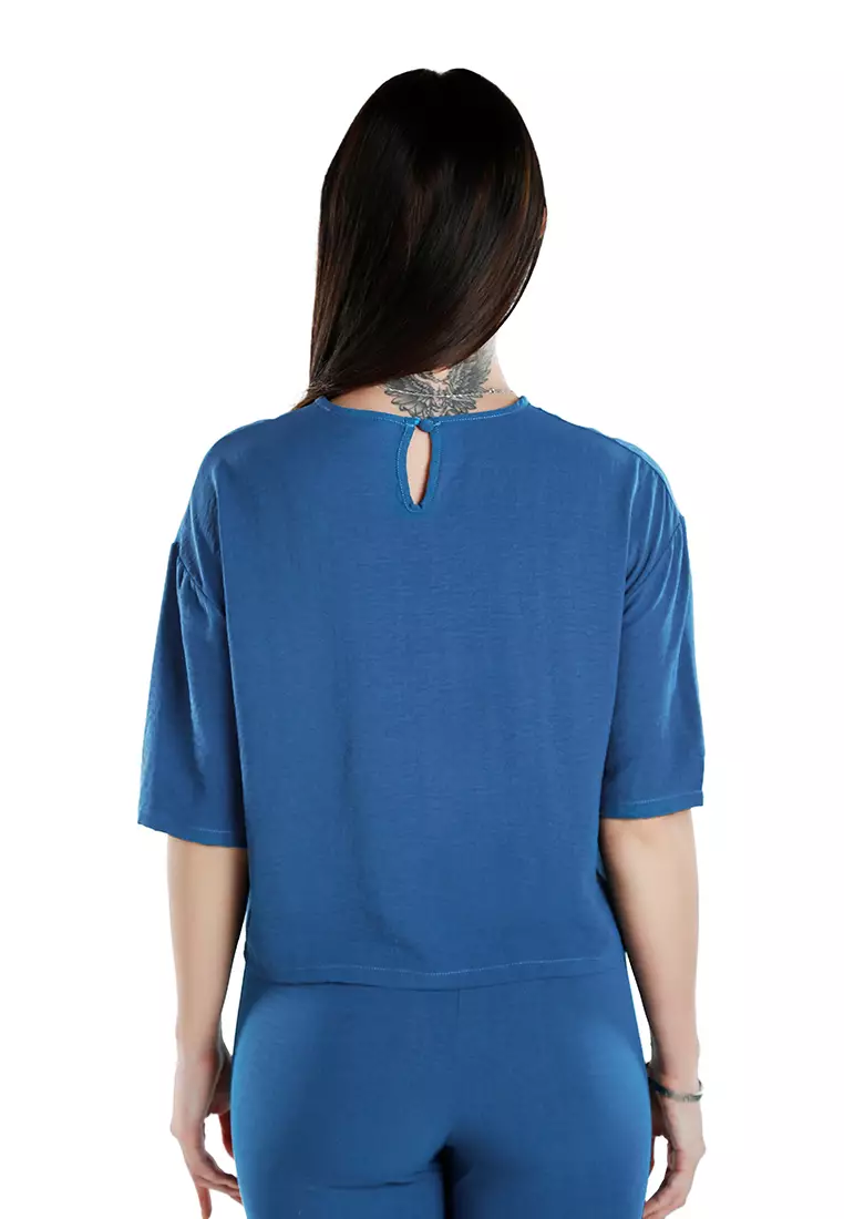 Setelan Crop Top Lengan Pendek Biru & Celana Capri Co Ord