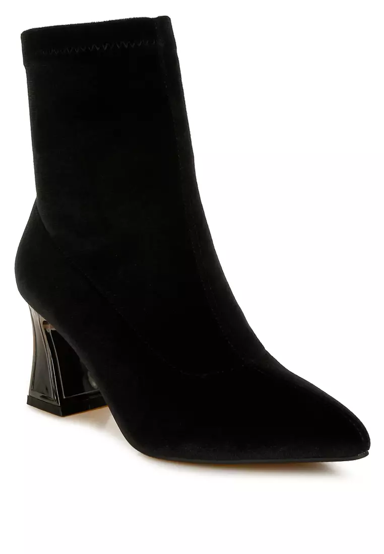 Black Flared Block Heel Velvet Boots