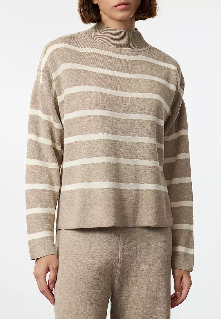 Beige Striped Knitted Trousers Top-Bottom Set TWOAW24AU00045