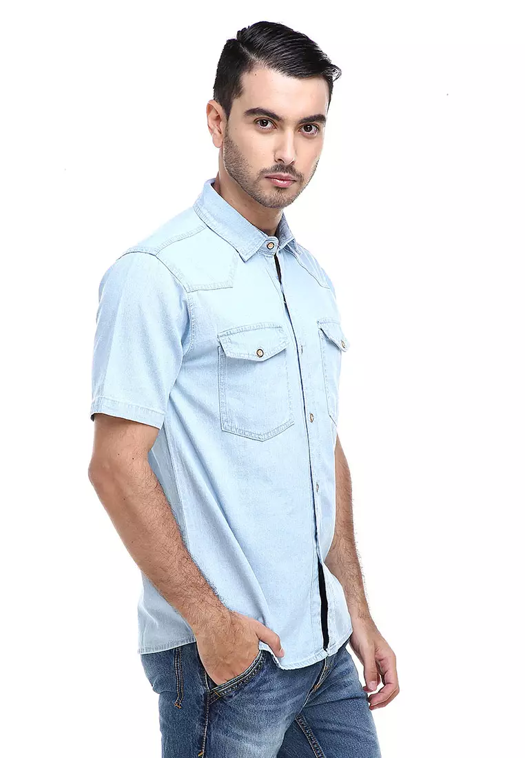 Dwan Shirt Kemeja Pria Kasual Lengan Pendek Material Jeans Premium ORIGINAL - Light Blue
