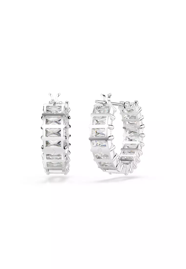 Matrix hoop earrings, Baguette cut, White, Rhodium plated
