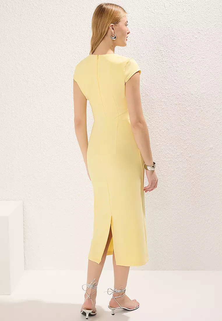 Belted Plain Bodycon Midi Woven Dress