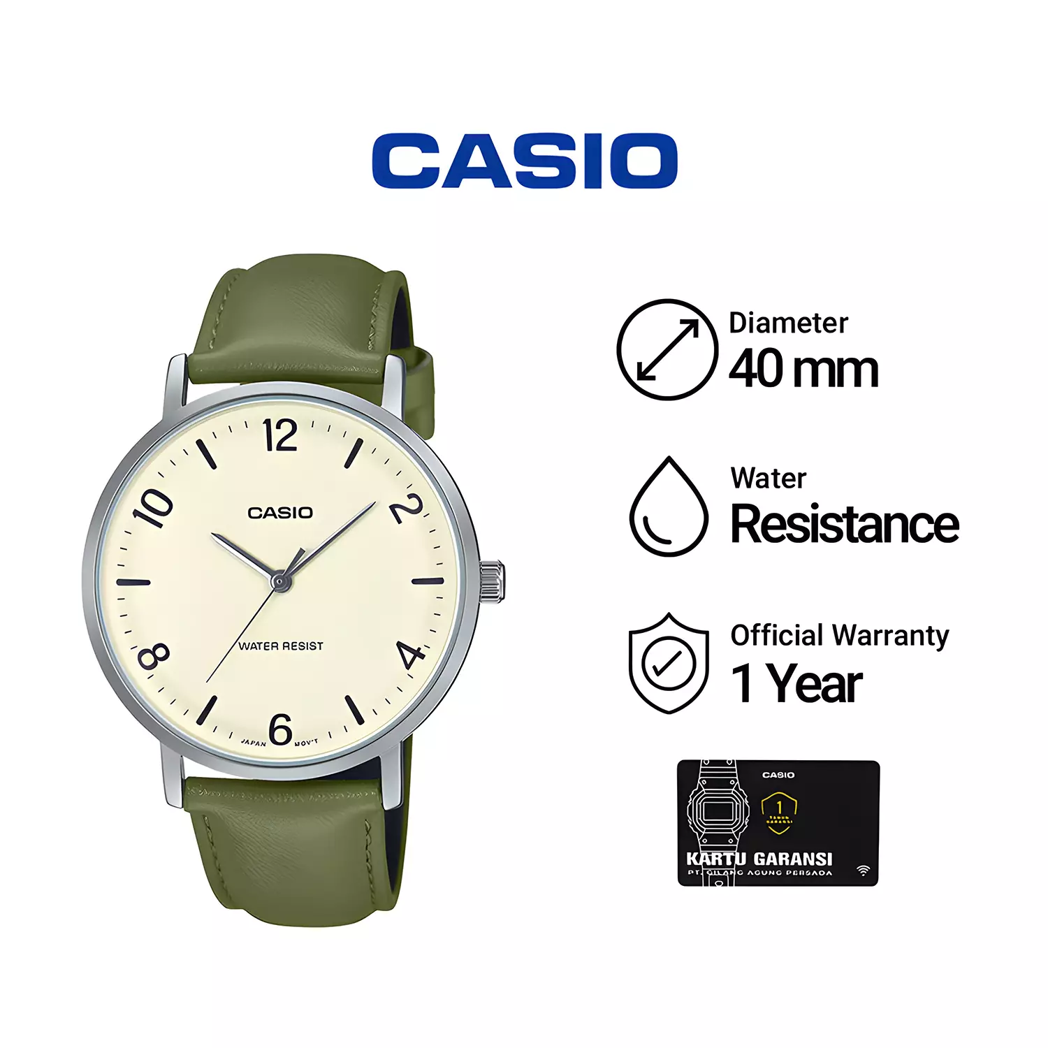 Casio Standard - Jam Tangan Analog Pria - Silver Case - Green Leather Strap - MTP-VT03L-7B