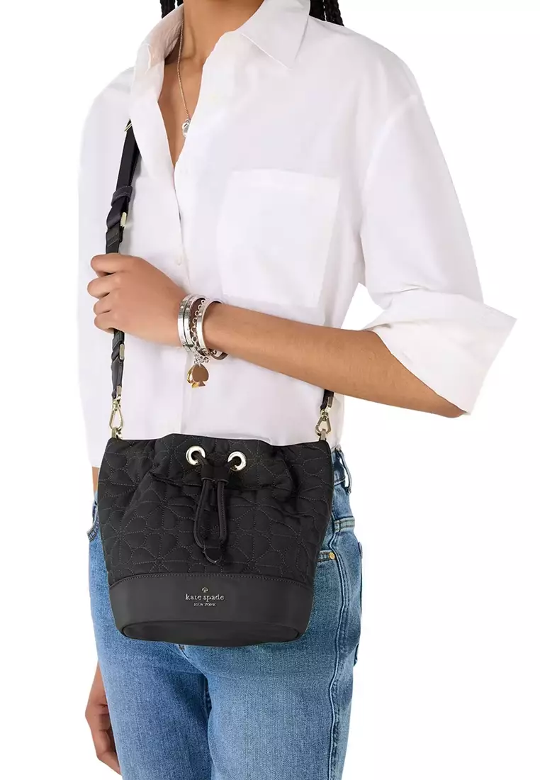 Flower Quilted Fabric Bucket Bag in Black KK076