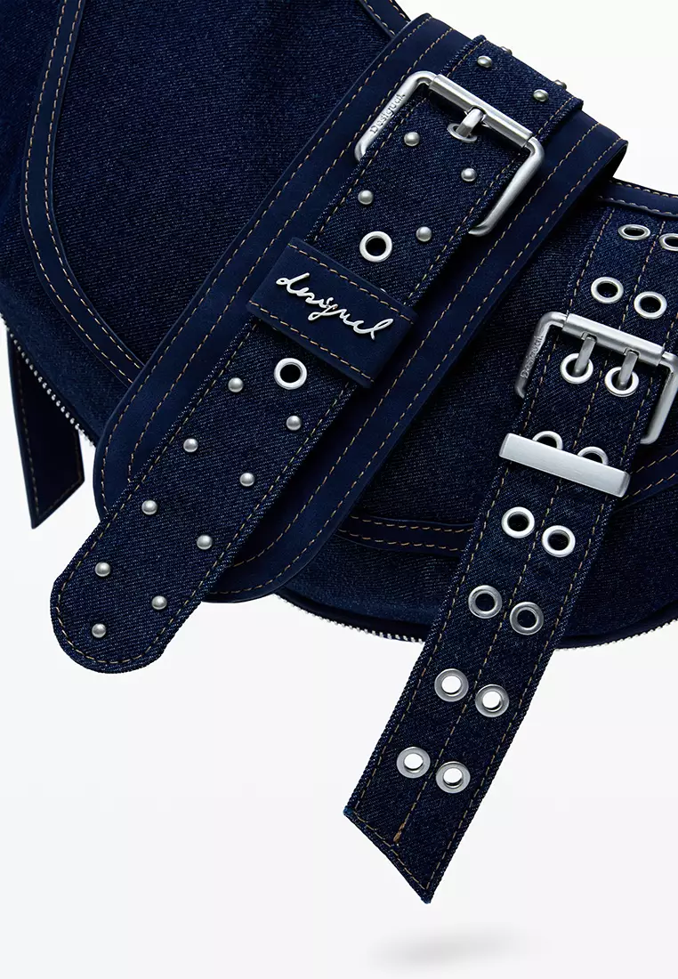 Medium denim bag with buckles