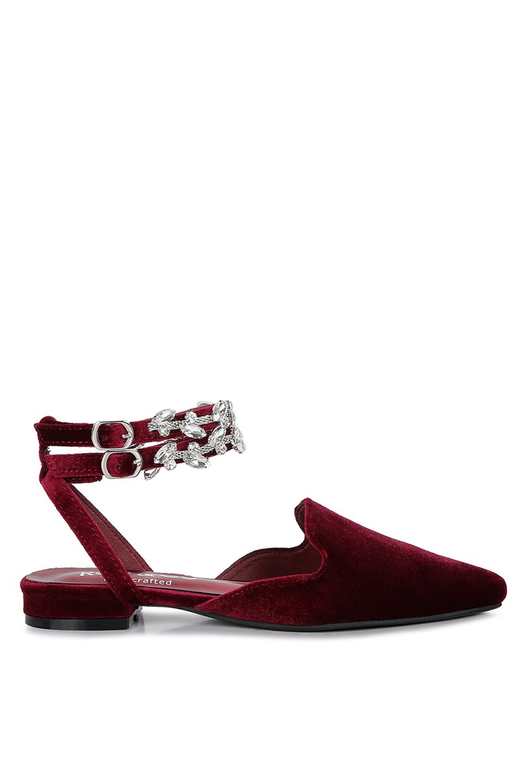 Burgundy Velvet Luxe Jewelled Flat Mules