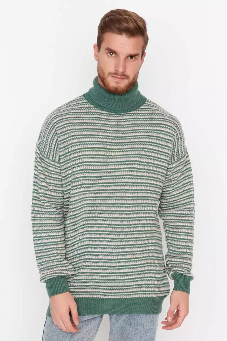 Buy Trendyol Mint Men s Oversize Fit Turtleneck Striped Knitwear