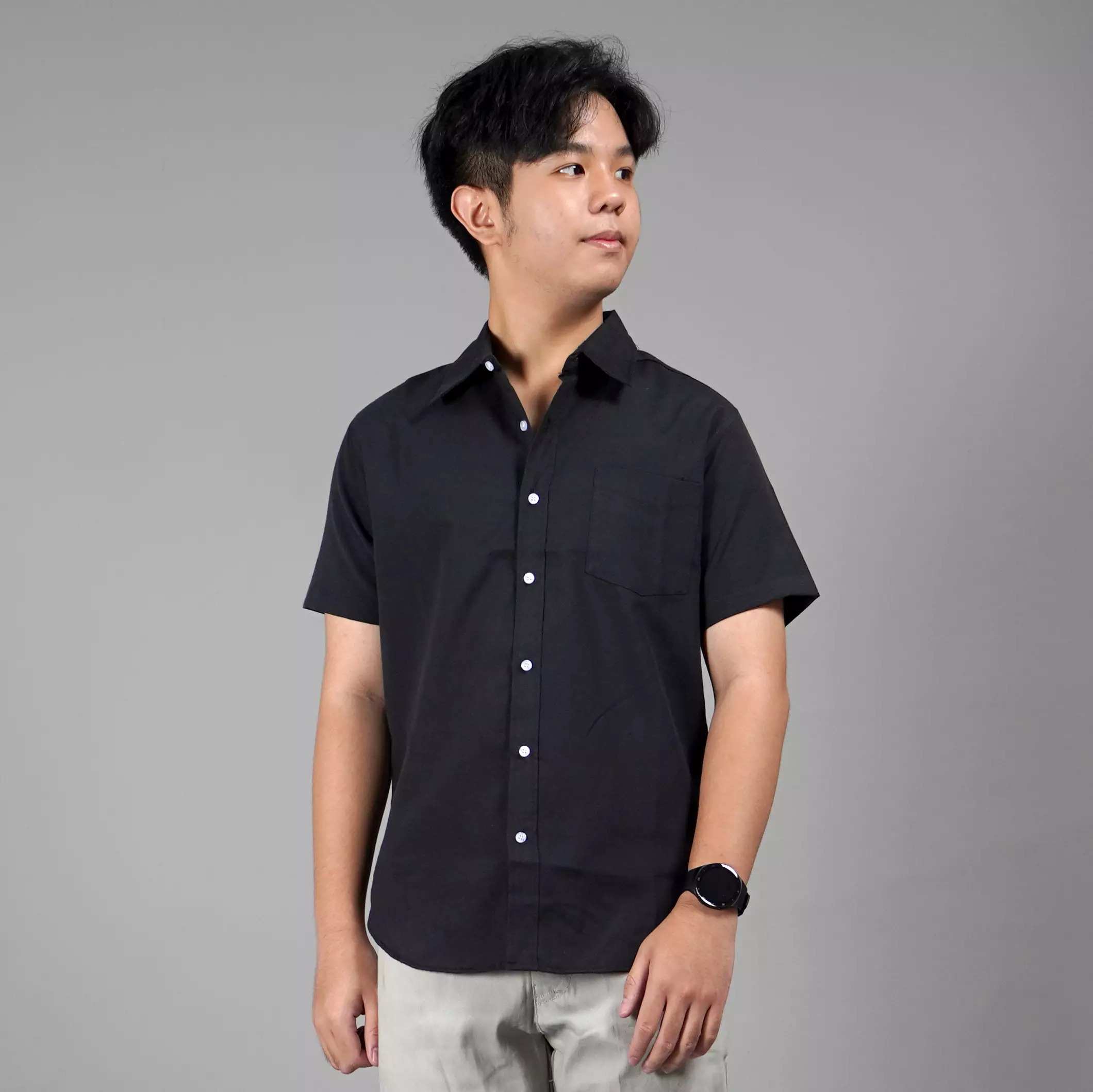  CALEB Kemeja Pria Polos Lengan Pendek Work Shirt - HITAM