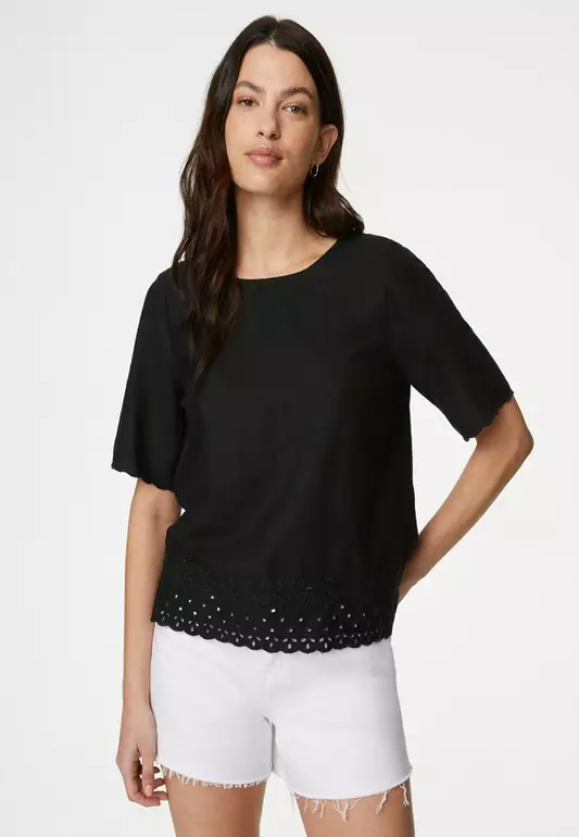 Linen Rich Broderie Regular Fit Top