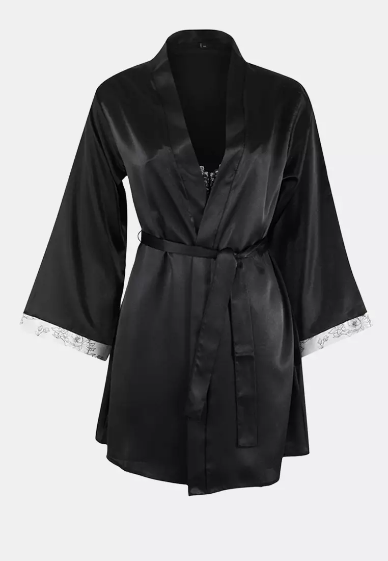 Black-White 2'Li Dowry Set Floral Lace Detailed Satin Woven Dressing Gown + Nightgown Thmss25Gc32