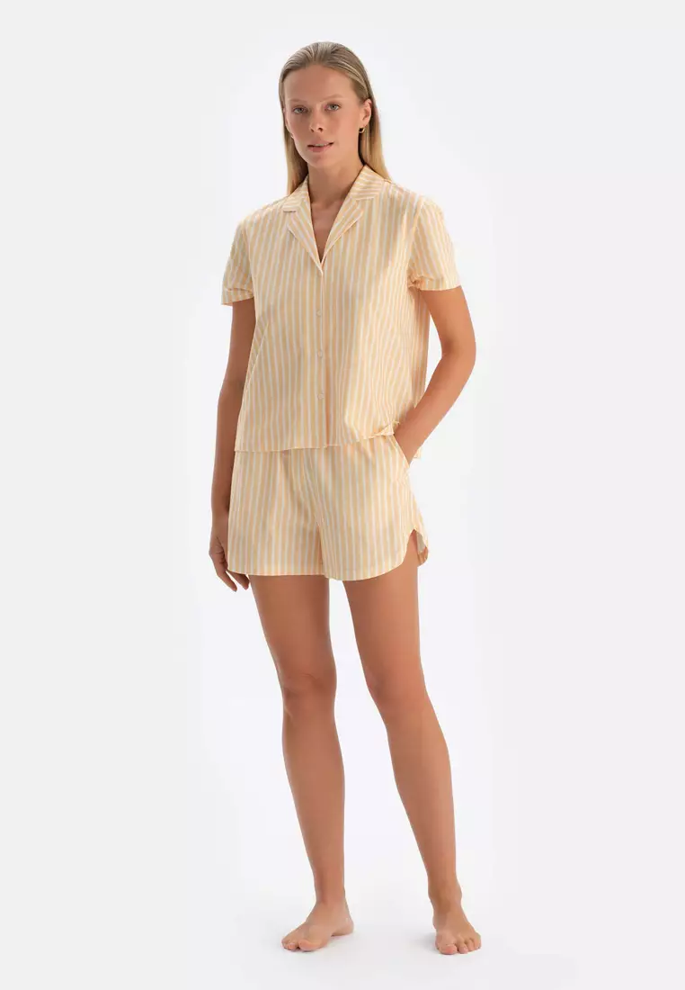 Yellow Shirt & Shorts Knitwear Set, Striped, Shirt Collar, Regular, Short Leg, Short Sleeve Sleepwear for Women