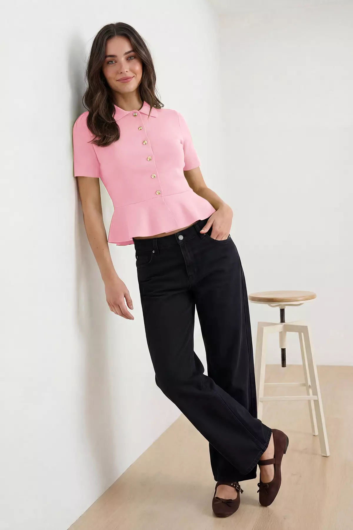 Pink Peplum/Waist Fitted Button Detailed Knitwear Blouse Knitwear Blouse Twoss26Bz158