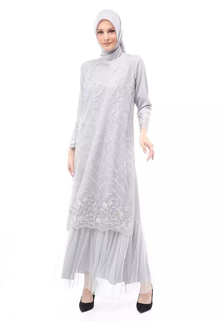 Diana Gamis Brukat Wanita Muslimah Lapis Moscrepe Premium Quality - Grey