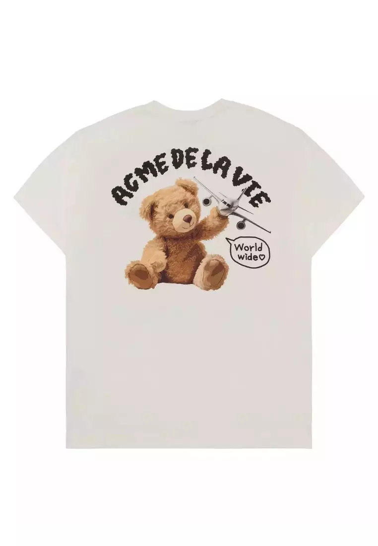 World Wide Airplane Bear Artwork Short Sleeve T-Shirt Cream