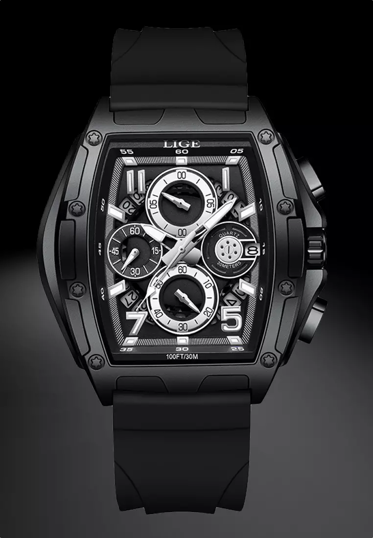 Unisex Tonneau Shaped IP Black Stainless Steel Quartz Watch on Rubber Strap