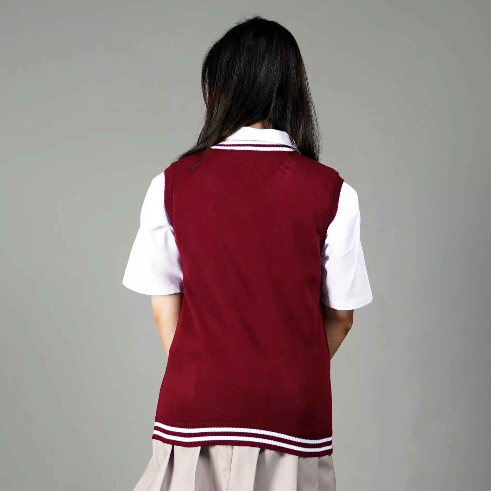 VICKY Rompi Rajut Rompi Gaya Korea Knit Vest List Putih Rompi Seragam - MARUN