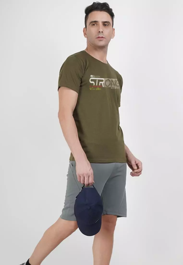 强力印花图案橄榄色棉质短袖圆领休闲 T 恤