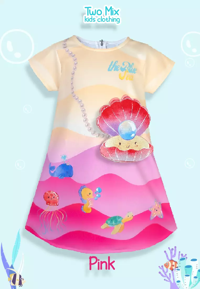Two Mix Baju Dress Anak Perempuan Lucu - Outfit Gaun Anak Cewek Print Sea 1-8 Tahun 4374 Pink