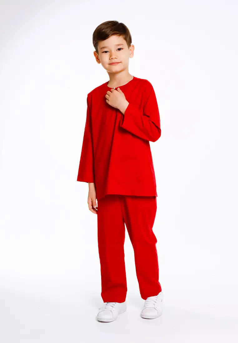 Byford Baju Melayu Raya Baju Johor Teluk Belanga Slim Fit Sedondon Anak Budak - 3925501A-74Red