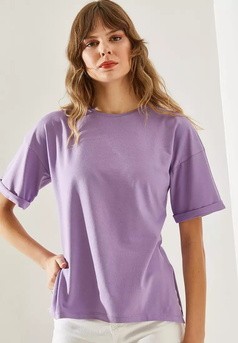 Side Slit Sleeve Folding Detailed Crew Neck Short Sleeve Basic T-Shirt