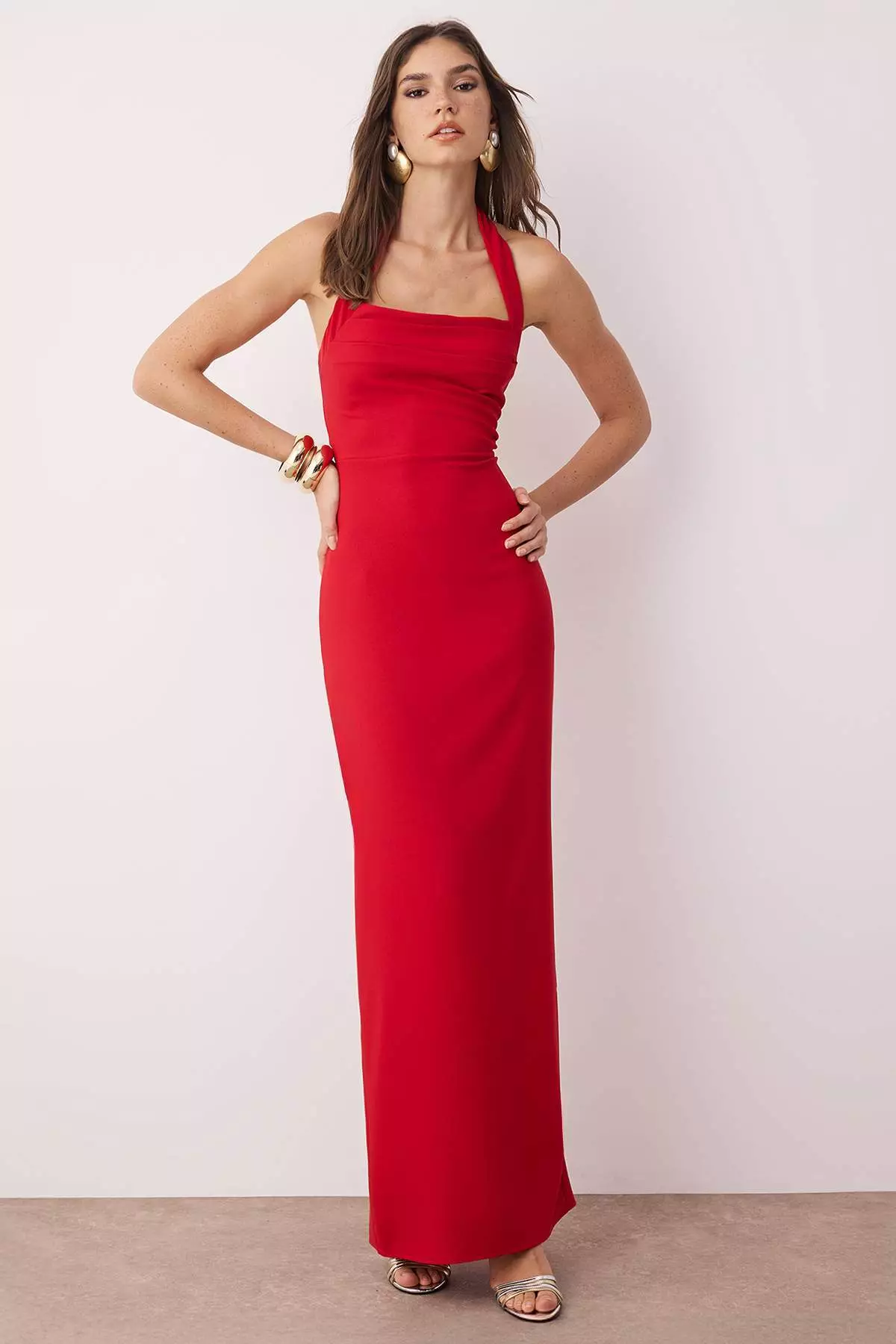 Red Body Fitting Degaje Collar Long Stylish Evening Dress