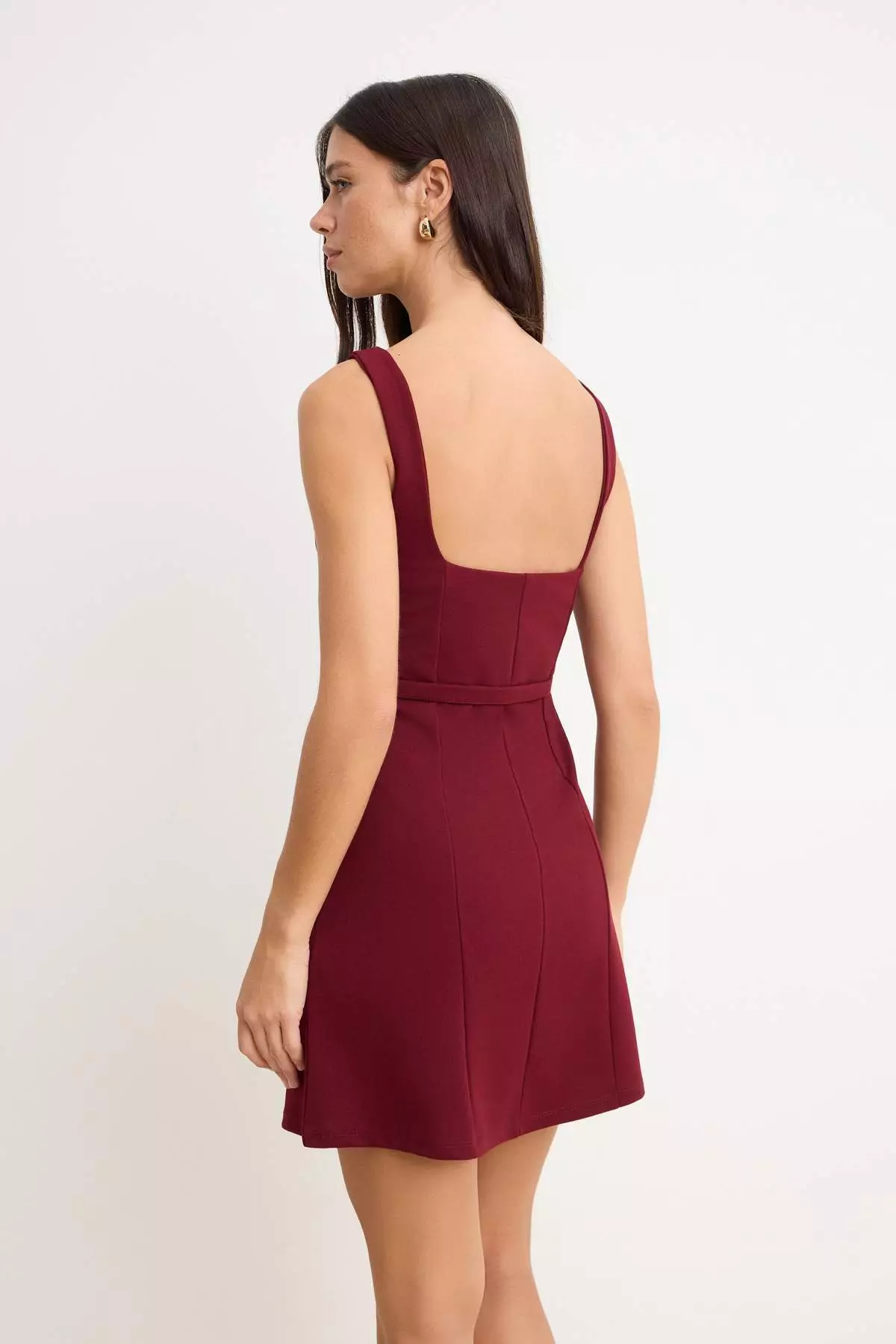Burgundy Plain Skater Square Neck Sleeveless Mini Scuba Crepe Knitted Dress Twoss26El463