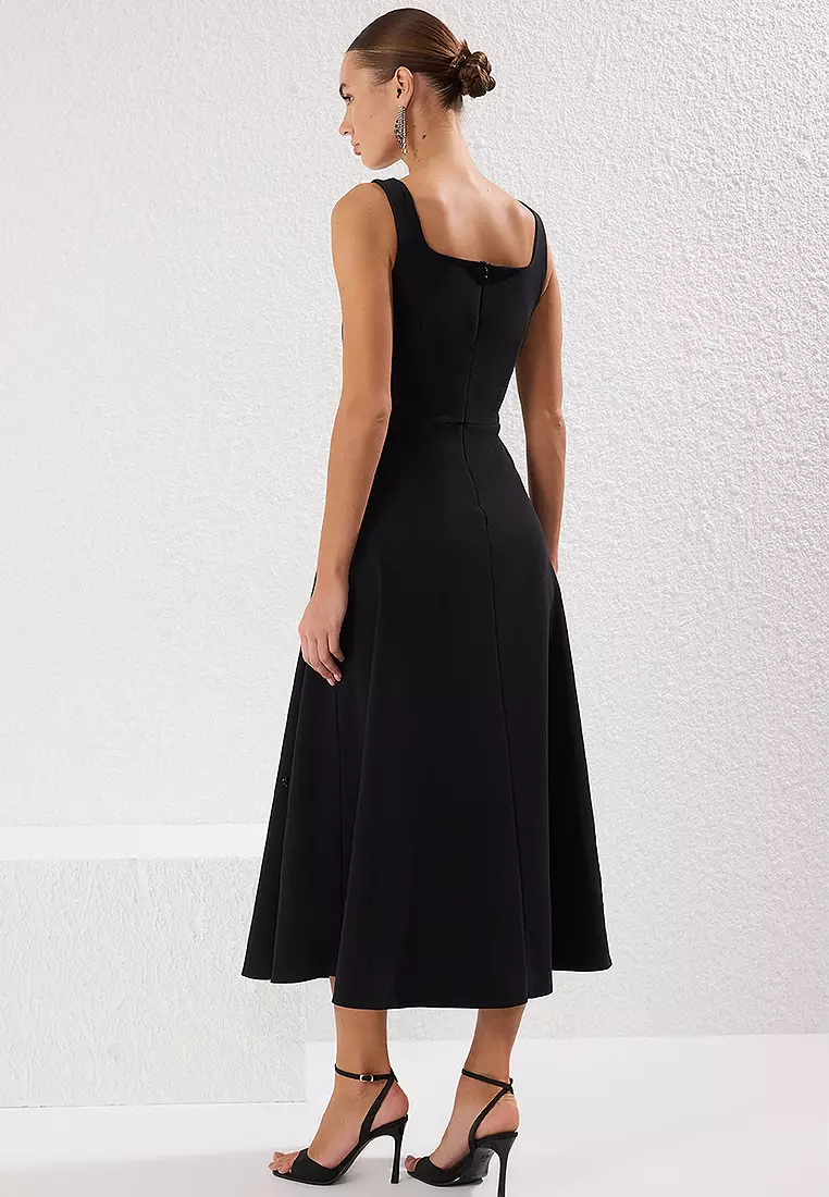 A-Cut Stone Accessory Detail Woven Midi Chic Dress