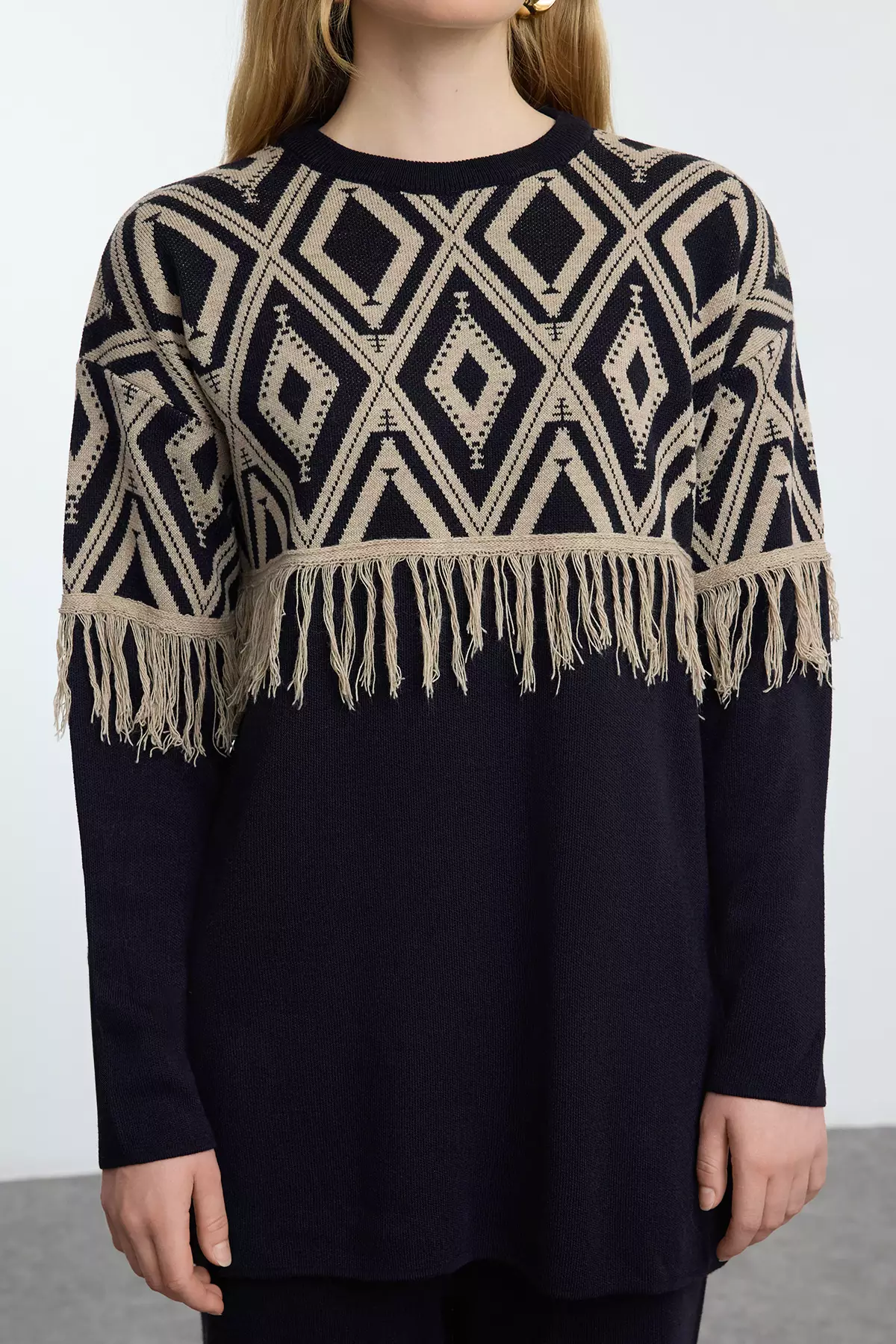 Geometric Patterned Navy Blue Knitwear Set - Tassel Detailed, Top And Bottom Set Tctaw25Us00086