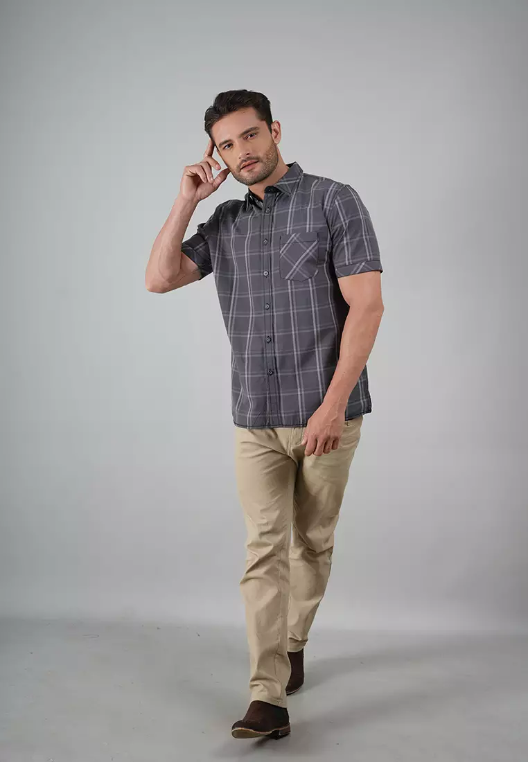 LGS - Kemeja Casual Pria - Lengan Pendek - Motif Kotak-Kotak - Abu-Abu - CSH.270.S570.1273.C