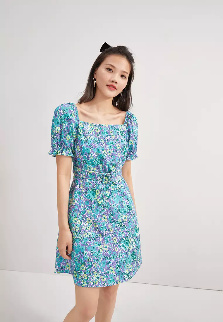 Square Neck Floral Mini Dress with Belt