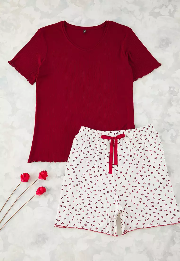 Claret Red Textured Baby Overlock Detailed Knitted Pajama Set Tbbss25Ai00096