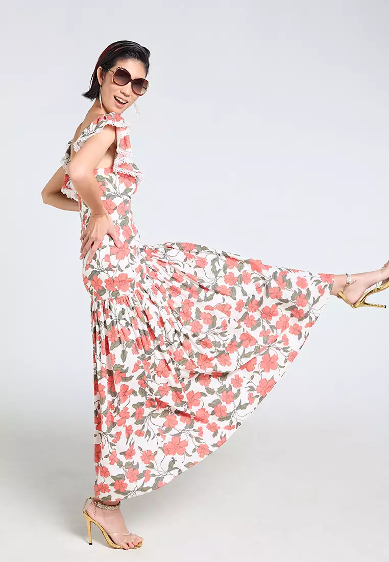 Ruffled Off-Shoulder Floral Linen Dress