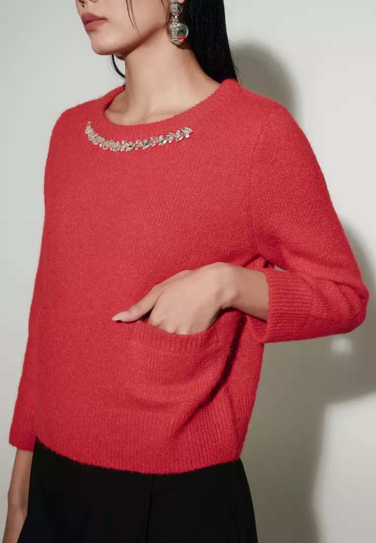 圓領七分袖針織毛衣