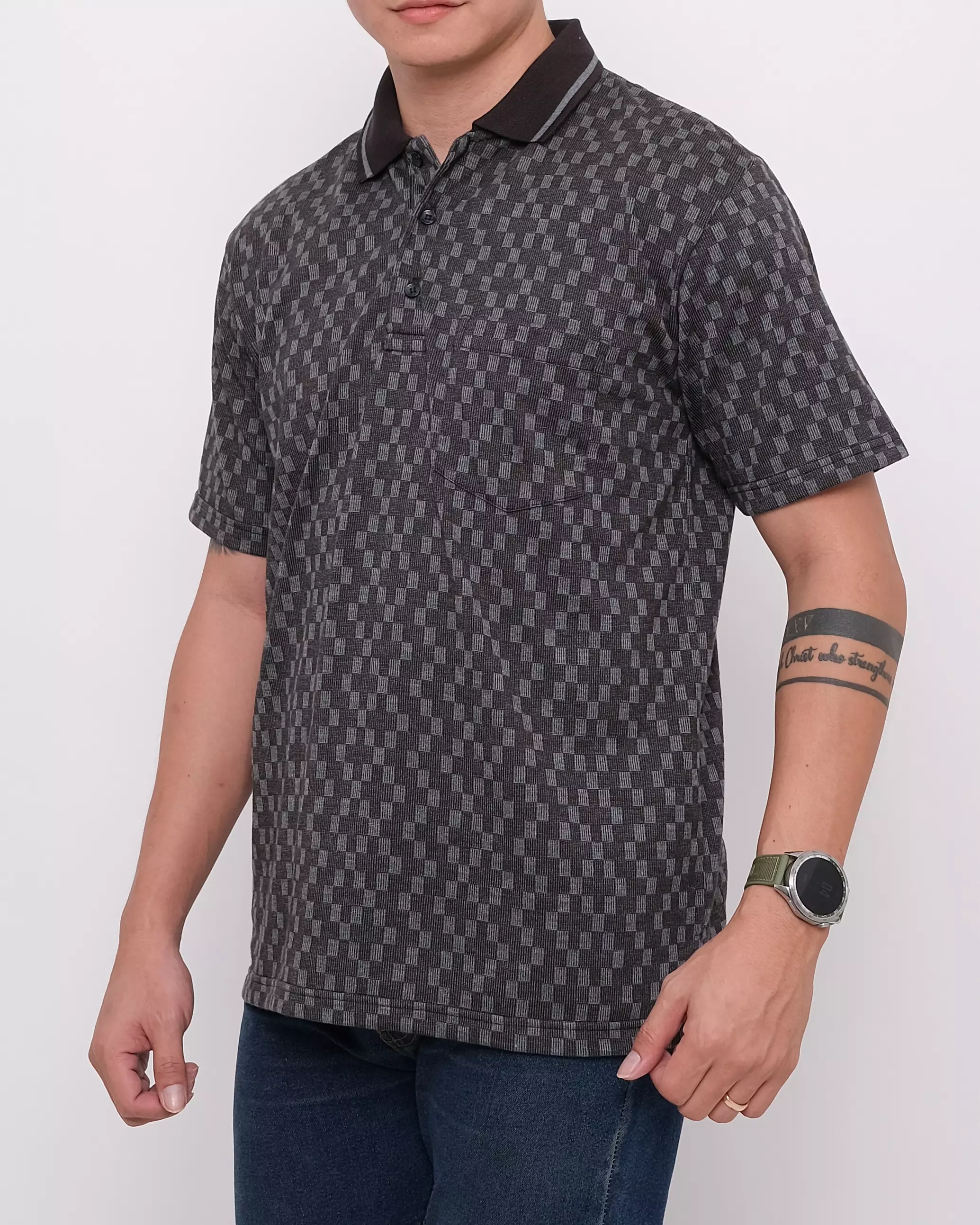 Andre Michel Polo Shirt Lengan Pendek Hitam Motif Kotak 3428