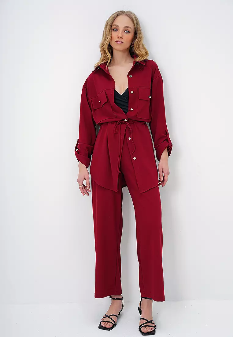 Double Pocket Safari Jacket and Elastic Waist Wide Leg Aerobin Pants Suit