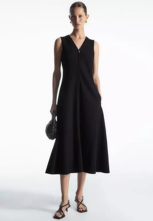 Zip-Front V-Neck Midi Dress
