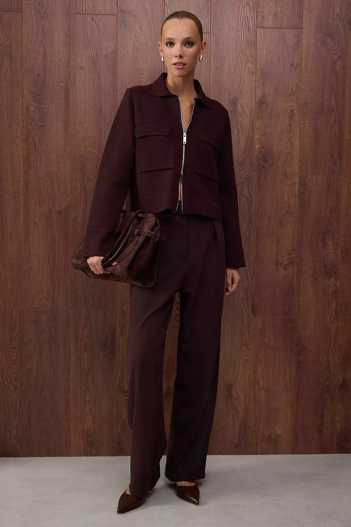 Special Collection Brown Cotton Blend Polo Collar Pocket Detailed Knitwear Cardigan