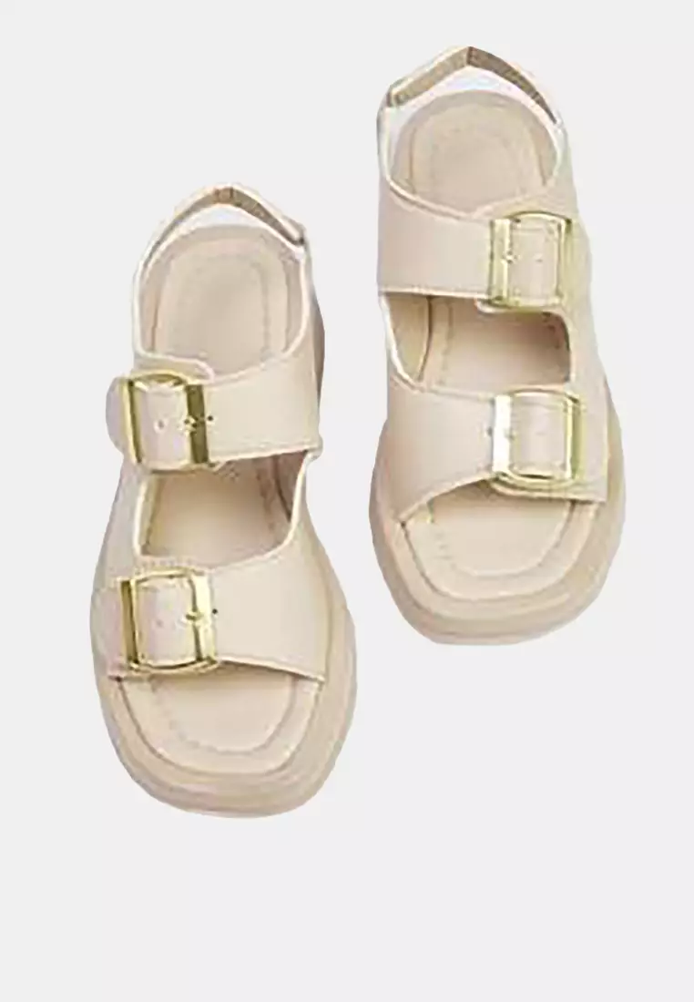 Beige Double Buckle Women's Thick Tan Sandals Takaw25Sd00000