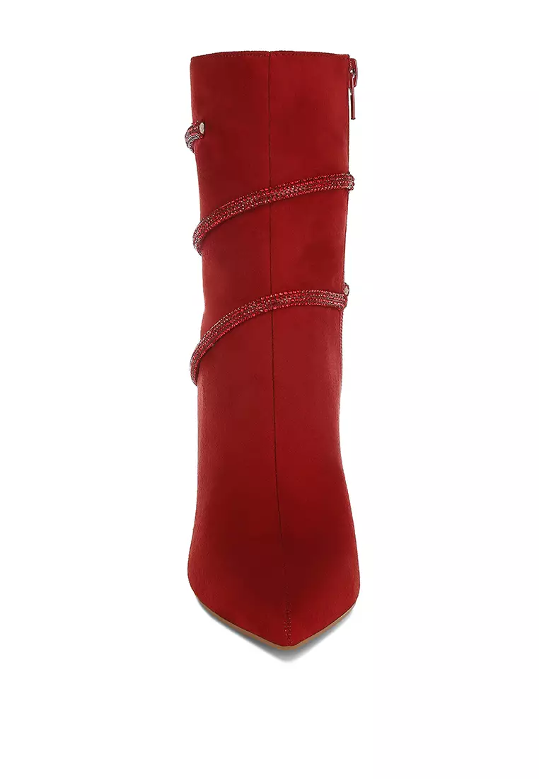 Rhinestone Wrap-Around Stiletto Boots in Red