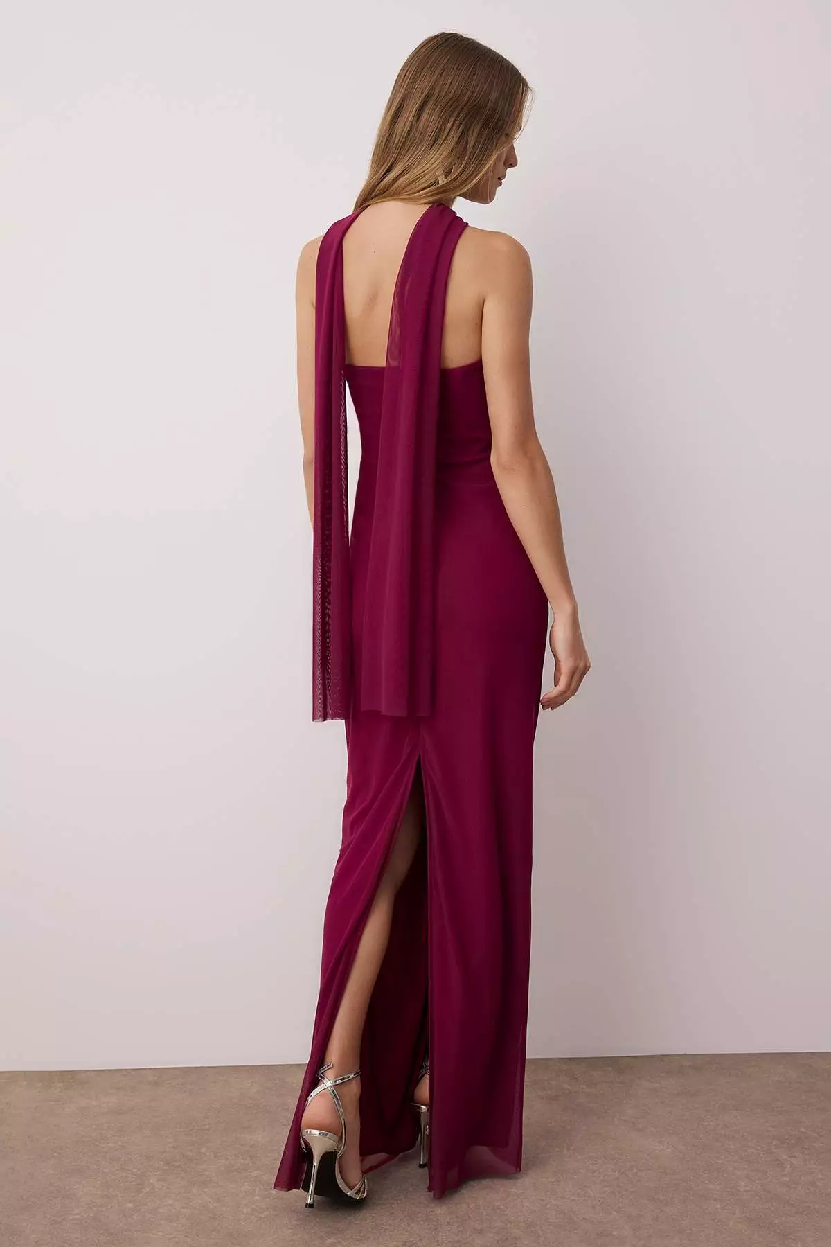 Plum Shawl Detail Tulle Knitted Maxi Evening Dress