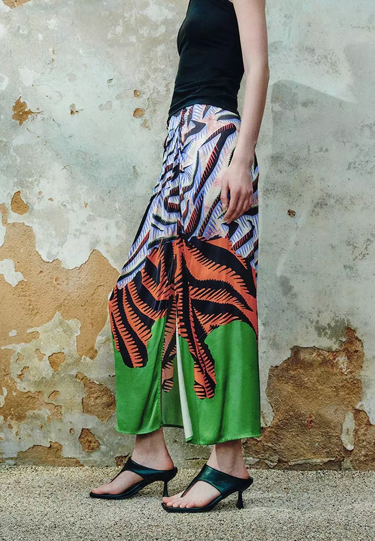 High Waist Tropical Print Wrap Maxi Skirt