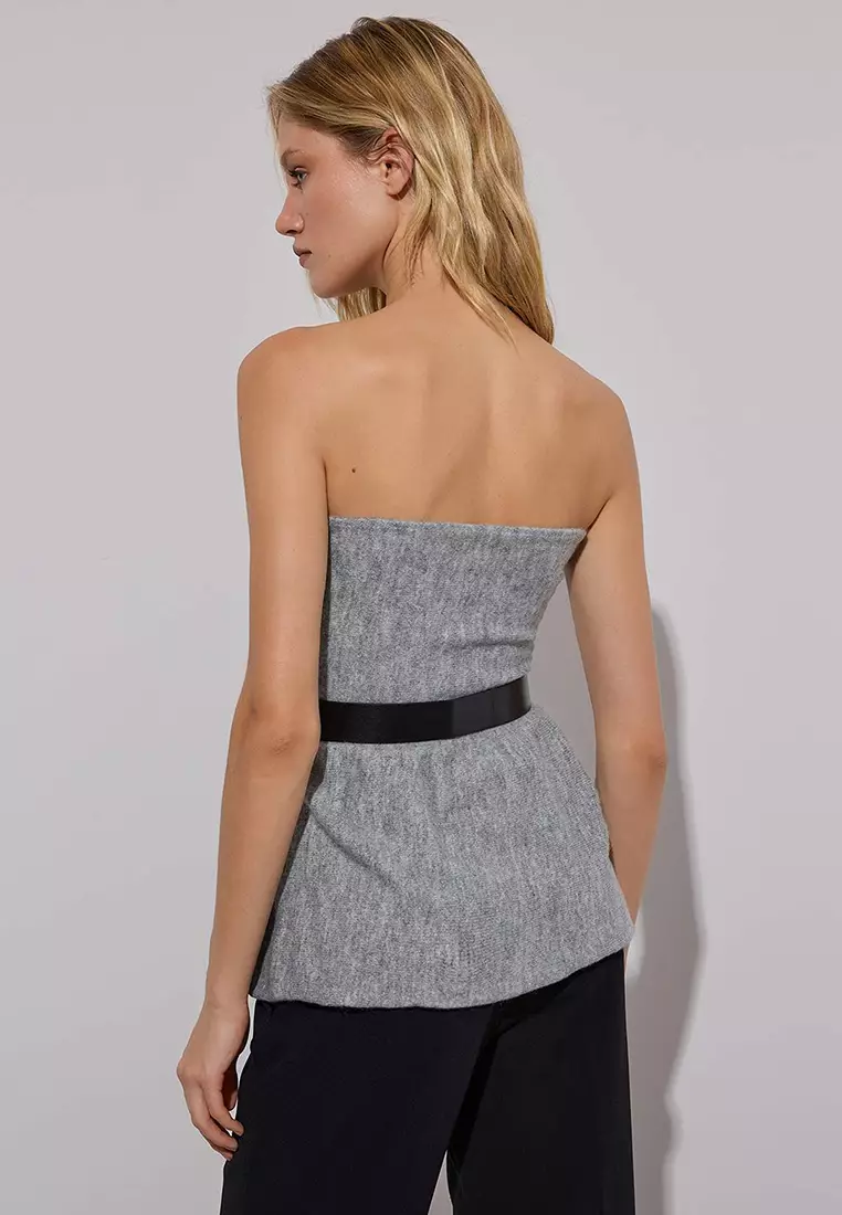 Limited Edition Gray Soft Texture Belted Flounce Knit Blouse