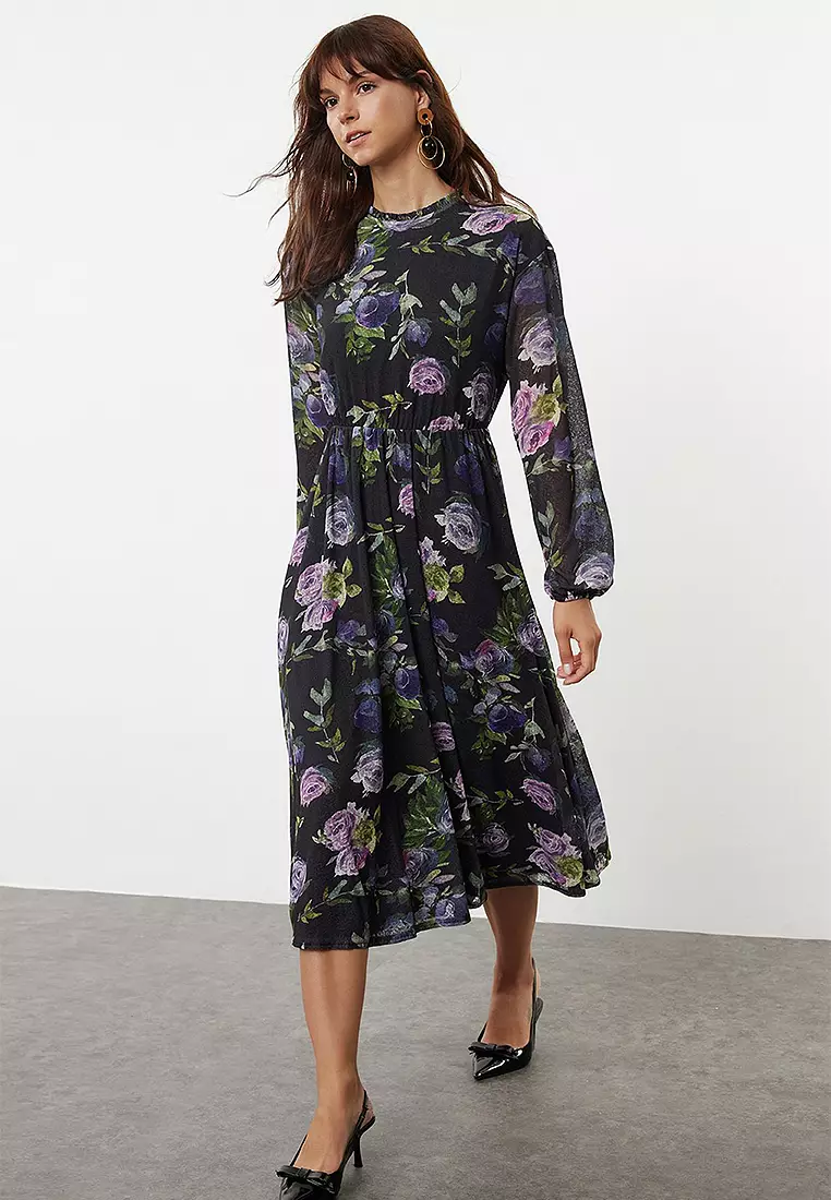 Chiffon Floral Pattern Midi Dress